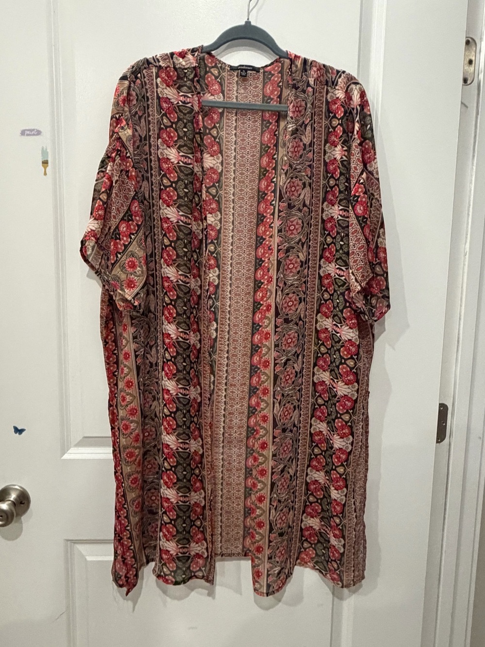 Ambiance Boho Floral Open Front Kimono Jacket - Red Multi
